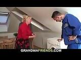 Two workers screw busty blonde grandma